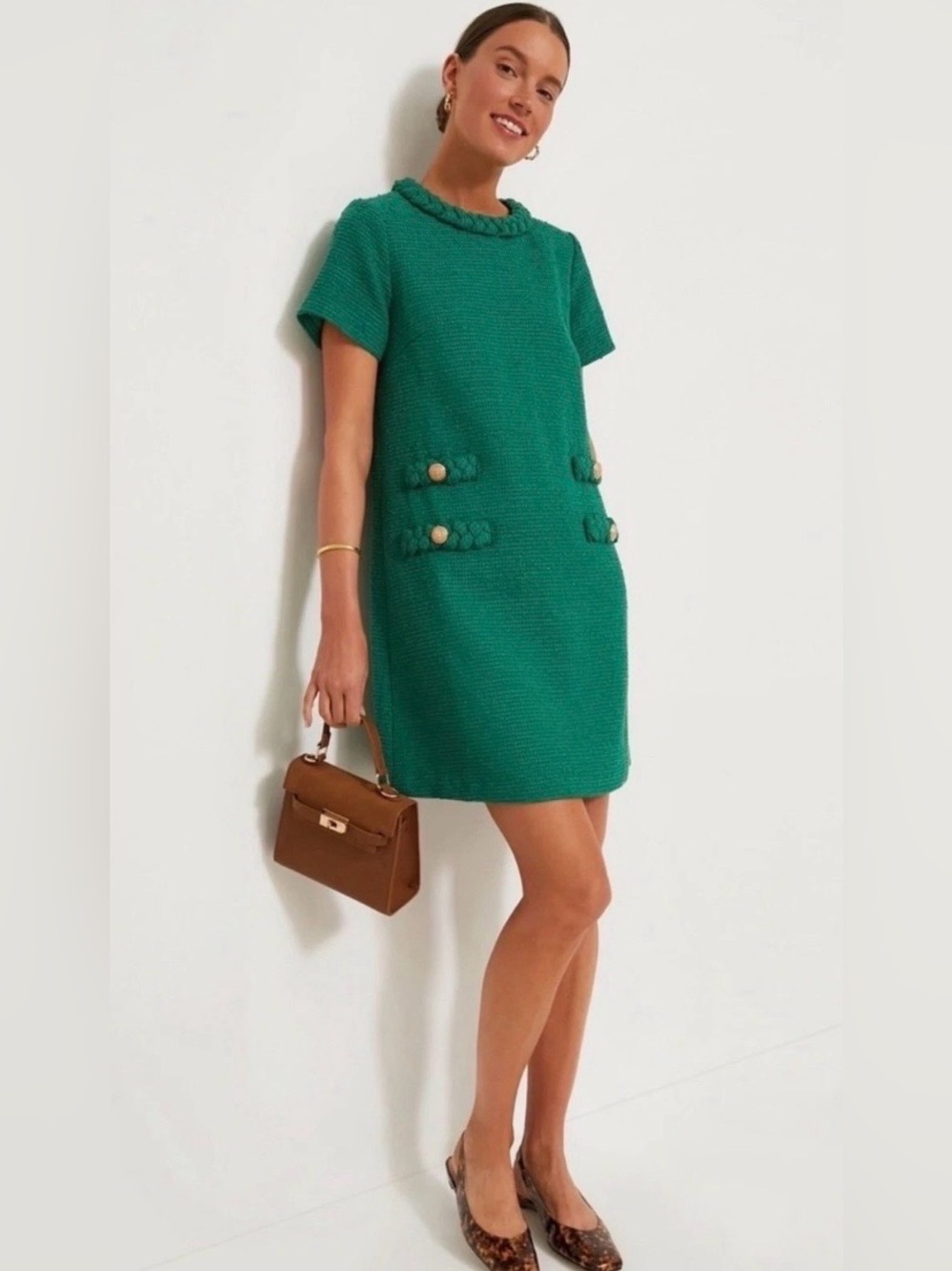 NWT $350 NEW WOMENS XL TUCKERNUCK JACKIE GREEN TWEED DRESS GOLD BUTTONS